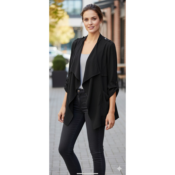 Umgee Women Medium Black Flowy Drape Open Front Roll Tab Sleeve Blazer Jacket - Picture 1 of 6